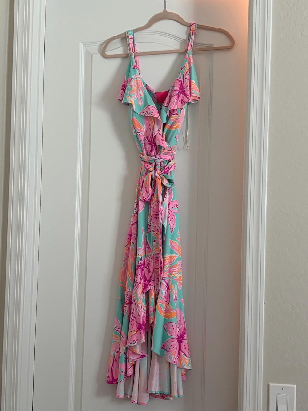 Lilly Pulitzer Aqua and Pink Floral High-Low Wrap Dress